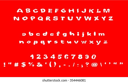 English font set. Alphabet, numbers and symbols on red background. Font type.