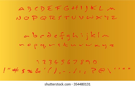 English font set. Alphabet, numbers and symbols on golden Background. Red font type.