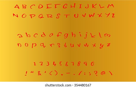 English font set. Alphabet, numbers and symbols on golden Background. Red font type.