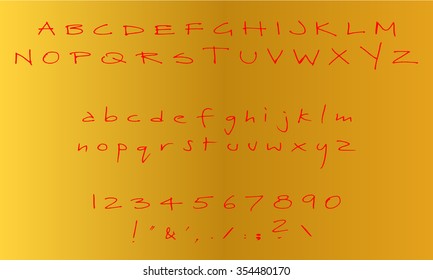 English font set. Alphabet, numbers and symbols on golden Background. Red font type.