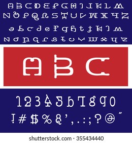English font set. Alphabet, numbers and symbols on blue and red background. Font type in colors of USA flag.