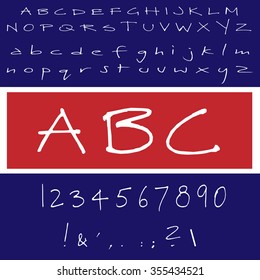English font set. Alphabet, numbers and symbols on blue and red background. Font type in colors of USA flag.
