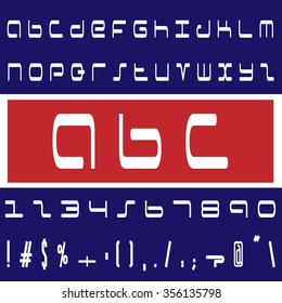 English font set. Alphabet, numbers and symbols on blue and red background. Font type in colors of USA.