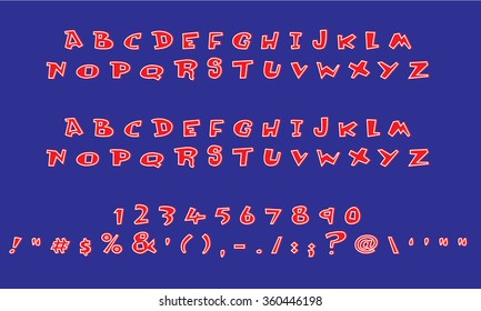English font set. Alphabet, numbers and symbols on blue background. Font type.