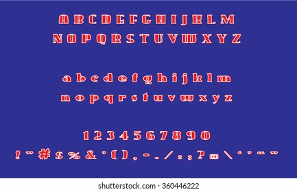 English font set. Alphabet, numbers and symbols on blue background. Font type.