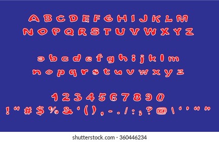 English font set. Alphabet, numbers and symbols on blue background. Font type.