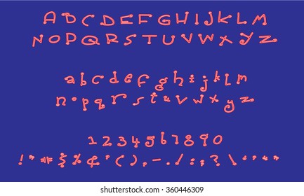 English font set. Alphabet, numbers and symbols on blue background. Font type.