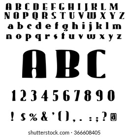 English font set. Alphabet, numbers and symbols. Font type. Latin alphabet font type.