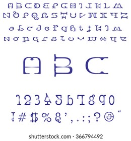 English font set. Alphabet, numbers and symbols. Font type. Latin alphabet font type.