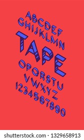 English font set. Vector. Dark blue linear, contour letters and numbers with blue fill. Bright flat ribbon symbols on an orange background. Bulk numbers. All signs are separate. Alphabet.