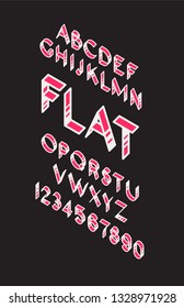 English font set. Vector. White linear, contour letters and numbers with red fill. Bright flat ribbon symbols on a black background. Bulk numbers. All signs are separate. Pop style. Alphabet.