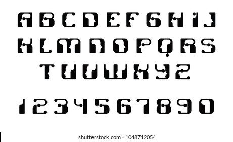 English font upper case letters. Logo - human faces of cyborg robots, for computer theme, science etc, retro style