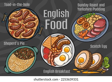 English food. A set of classic dishes. Cartoon hand drawn illustration.