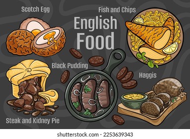 English food. A set of classic dishes. Cartoon hand drawn illustration.