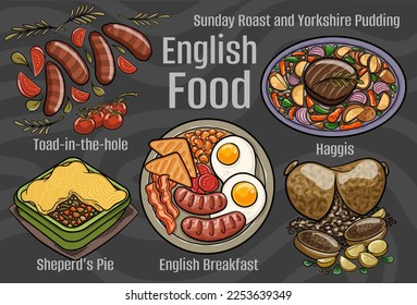English food. A set of classic dishes. Cartoon hand drawn illustration.
