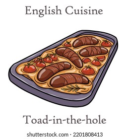 English food: toad in the hole into a baking dish on white background.