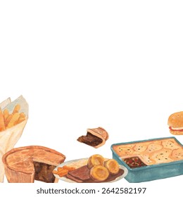 English food watercolor background: Shepherd pie, Steak and kidney pie, Sunday roast, fish and chips, scone illustrations.  English cuisine wallpaper. Realistic cute textured style. 