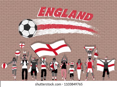 English football fans cheering with England flag colors in front of soccer ball graffiti. All the objects are in different layers and the text types do not need any font. 