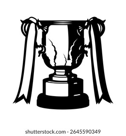 English football league cup vector black silhouette trophy with ribbons on white background.