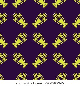 English football league team trophy vector seamless pattern or texture. Yellow sport soccer cup on a dark purple background.