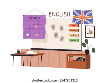 Clase de inglés en lengua extranjera. Clase gramática vacía de la escuela primaria. Interior de la sala de estudio con bandera británica, libros, palabras en pizarra. Ilustración vectorial plana aislada en fondo blanco