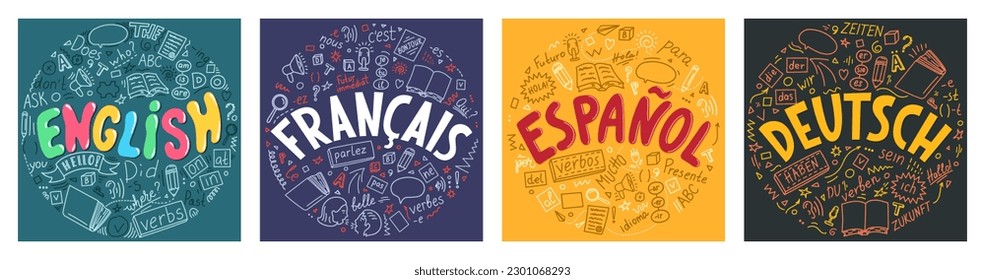 English, Francais (French), Espanol (Spanish), Deutch (German) languages. Set from hand drawn doodles with lettering. 