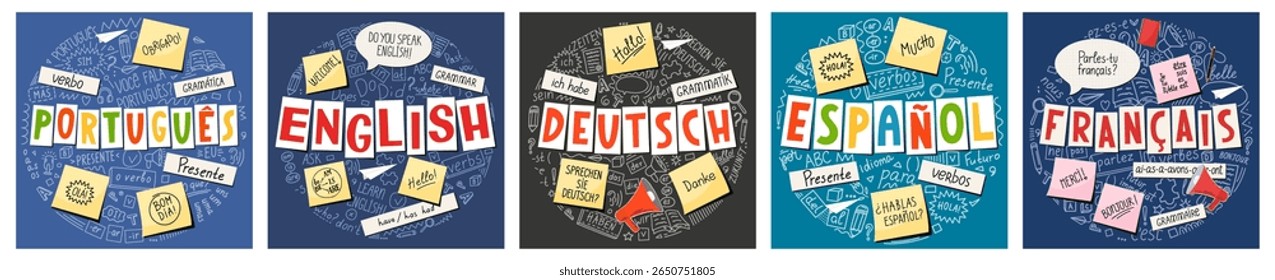 Inglês, francês, espanhol, alemão, português. Conjunto de rabiscos desenhados à mão com letras. 