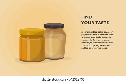 English and french mustard in jar vector condiment and spread poster design. Illustration with place for text
