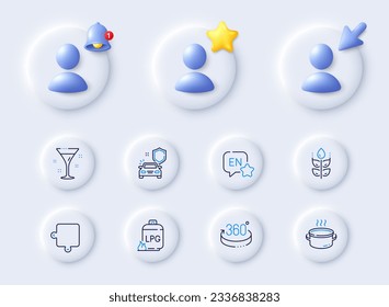 English, Gas cylinder and Puzzle line icons. Placeholder with 3d cursor, bell, star. Pack of Saucepan, Gluten free, Car secure icon. 360 degrees, Cocktail pictogram. For web app, printing. Vector