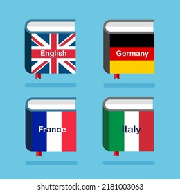 English, germany, france and italy dictionary icon. Hardcover book with Great Britain flag. Learning foreign language. Vector illustration in trendy flat style
