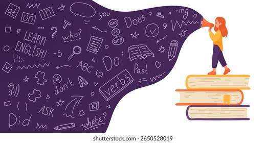 English. Girl on stack of books talking to megaphone with language doodle on white background. Female speaker. Teaching, translating, learning, education concept.