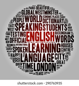 English. Glowing word in the cloud of words. Round ball of phrases on the theme of study, language, conversation, London and England. Abstract background on the academic subject.