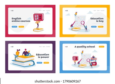 English Grammar Exam Landing Page Template Set. Tiny Characters Correct Mistakes And Errors In Test Written On Huge Paper. Fail Exam Results, Incorrect Answers. Cartoon People Vector Illustration