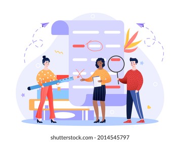 English Grammar Examination concept. Characters Correct Mistakes and Errors on Test Written on Huge Paper. Teacher checks the students work. Cartoon flat vector illustration on a white background