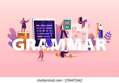 English Grammar Examination Concept. Tiny People Characters Correct Mistakes and Errors in Paper and Digital Test. Fail Exam Results, Incorrect Answers Poster Banner Flyer. Cartoon Vector Illustration