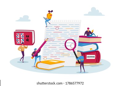 English Grammar Examination. Tiny Characters Correct Mistakes and Errors on Test Written on Huge Paper. Fail Exam Results, Incorrect Answers, Red Underlined Errors. Cartoon People Vector Illustration