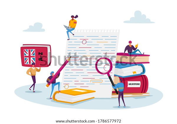 English Grammar Examination. Tiny Characters\
Correct Mistakes and Errors on Test Written on Huge Paper. Fail\
Exam Results, Incorrect Answers, Red Underlined Errors. Cartoon\
People Vector\
Illustration
