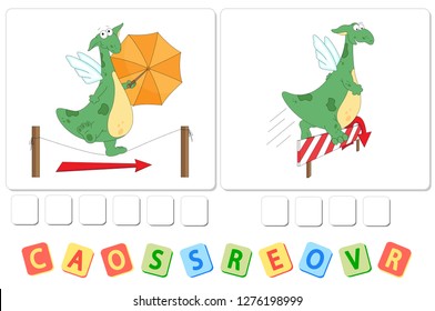 English grammar with green dragon. Prepositions across and over. Order the letters