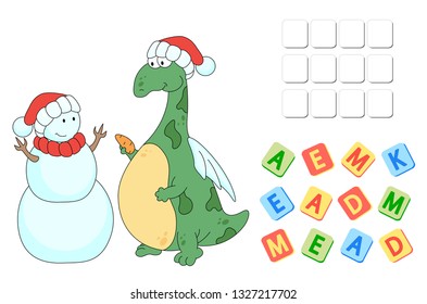 English grammar with green dragon. Three forms of the irregular verb to make. Order the letters
