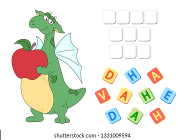 English grammar with green dragon. Three forms of the irregular verb to have. Order the letters