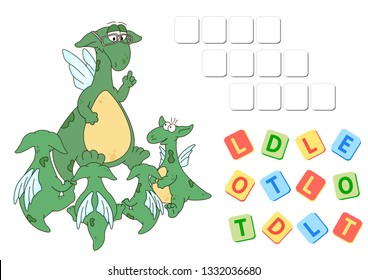 English grammar with green dragon. Three forms of the irregular verb to tell. Order the letters