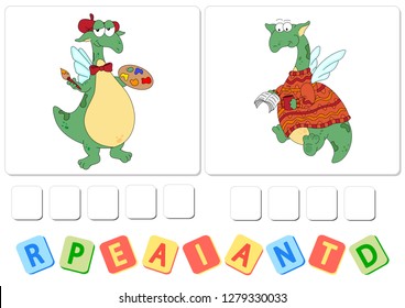 English grammar with green dragon. Verbs paint and read. Order the letters