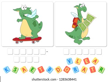 English grammar with green dragon. Verbs rollerskate and travel. Order the letters
