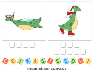 English grammar with green dragon. Verbs dive and ice skate. Order the letters