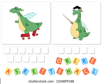 English grammar with green dragon. Verbs roller scate and teach. Order the letters