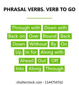 English grammar for kids. Phrasal verbs. "Go" verb. Cartoon illustration.