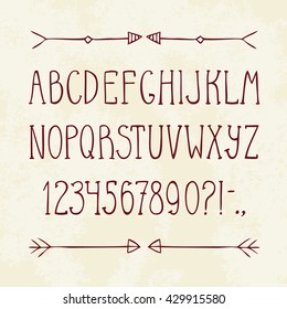 English hand drawn alphabet and arrows for your design. Colorful letters on grunge paper  background. Vector illustration.