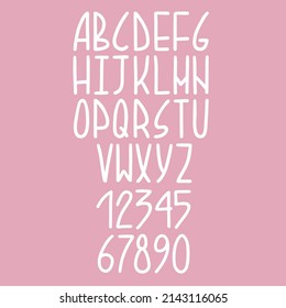 English hand drawn alphabet and numbers. Thin, elongated letters for making phrase or quotes. Text constructor. Clip art objects on pink background. Flat style in vector illustration. Isolated 