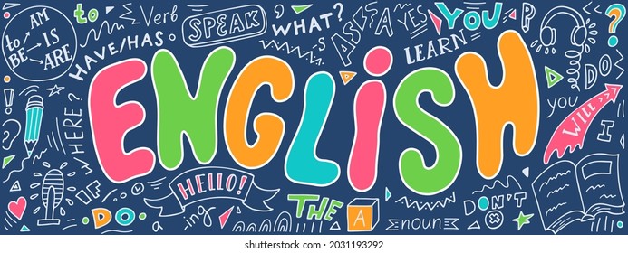 English. Hand drawn doodles and lettering. English language banner.