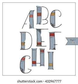 English hand drawn funky alphabet, decorated and colored for lettering or design. Red and yellow strokes on blue, hatched and dotted decoration. Isolated on white set of letters sequence from A to I. 